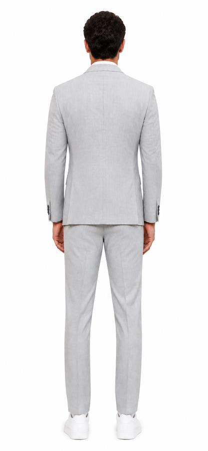 Mens Light Gray and Navy Pinstripe 3 Piece Suit – Peaky Blinders Inspired Vintage Gangster 1920s Suit Modern Fit
