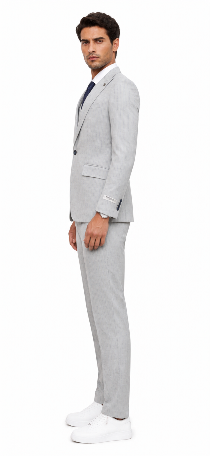 Mens Light Gray and Navy Pinstripe 3 Piece Suit – Peaky Blinders Inspired Vintage Gangster 1920s Suit Modern Fit