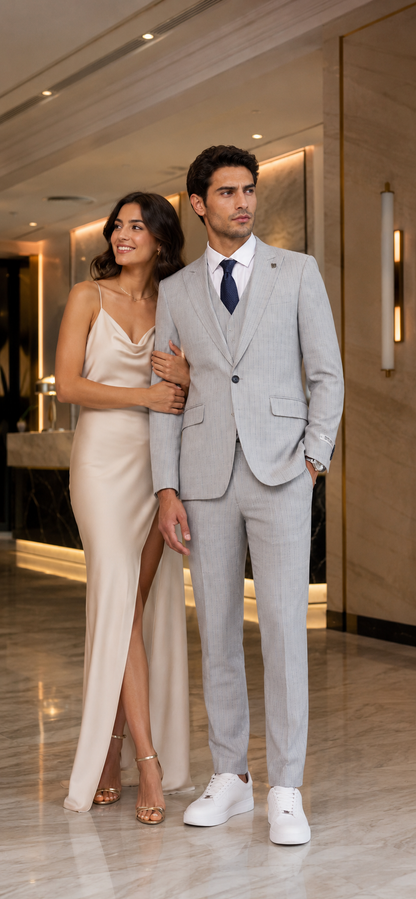 Mens Light Gray and Navy Pinstripe 3 Piece Suit – Peaky Blinders Inspired Vintage Gangster 1920s Suit Modern Fit