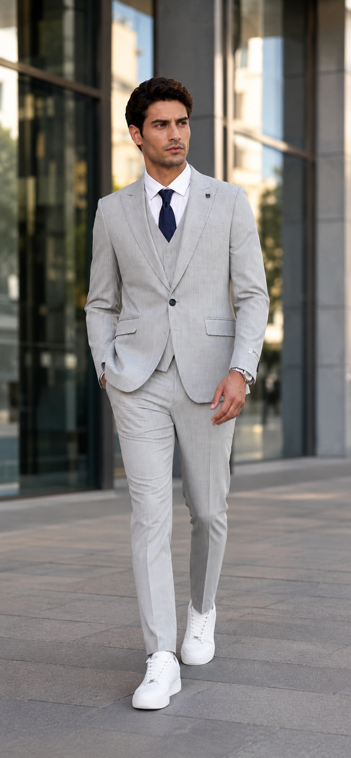 Mens Light Gray and Navy Pinstripe 3 Piece Suit – Peaky Blinders Inspired Vintage Gangster 1920s Suit Modern Fit