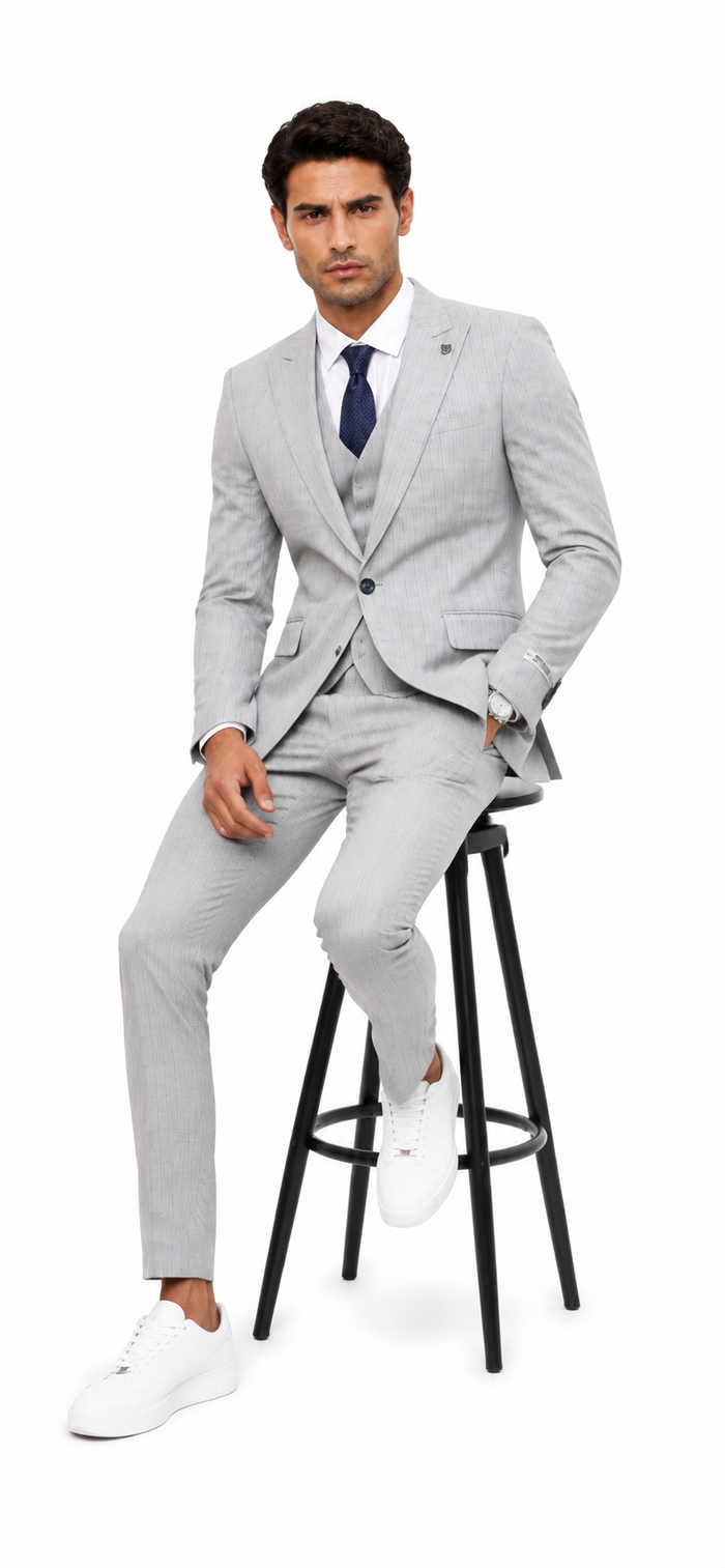 Mens Light Gray and Navy Pinstripe 3 Piece Suit – Peaky Blinders Inspired Vintage Gangster 1920s Suit Modern Fit