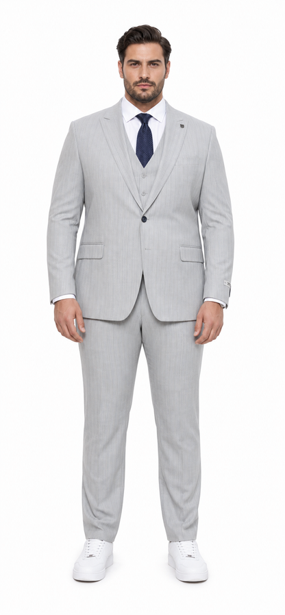 Mens Light Gray and Navy Pinstripe 3 Piece Suit – Peaky Blinders Inspired Vintage Gangster 1920s Suit Modern Fit