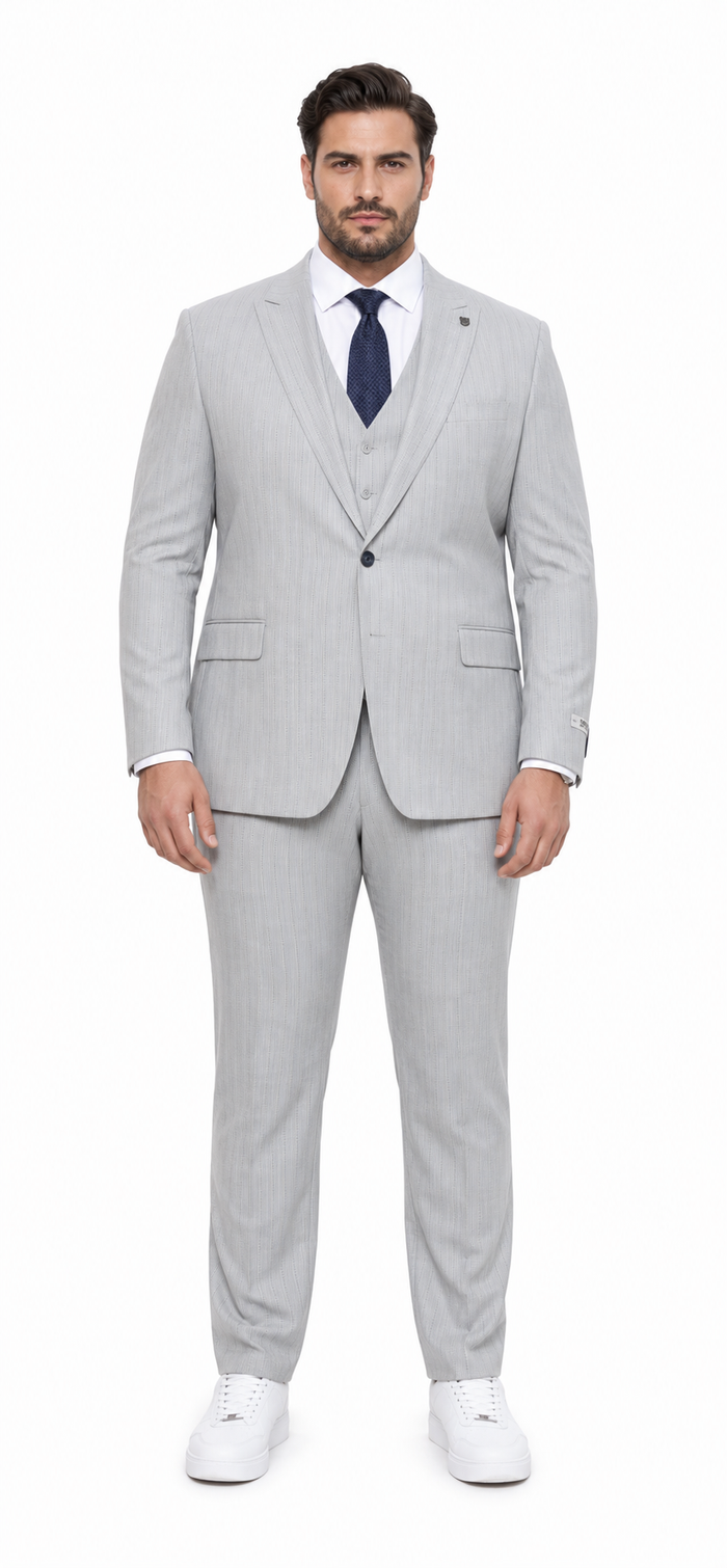 Mens Light Gray and Navy Pinstripe 3 Piece Suit – Peaky Blinders Inspired Vintage Gangster 1920s Suit Modern Fit