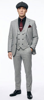 Mens Light Gray and Black Pinstripe 3 Piece Suit – Peaky Blinders Inspired Vintage Gangster 1920s Suit