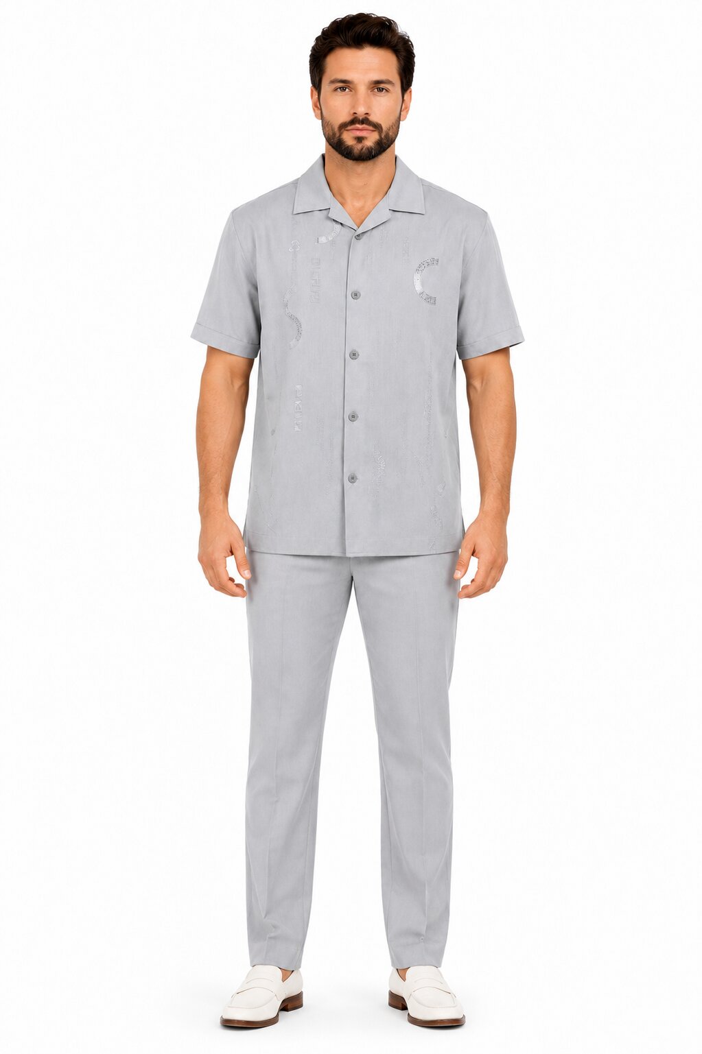 Men’s Light Gray Embroidered Walking Suit Set – 2 Piece Short Sleeve Casual Outfit