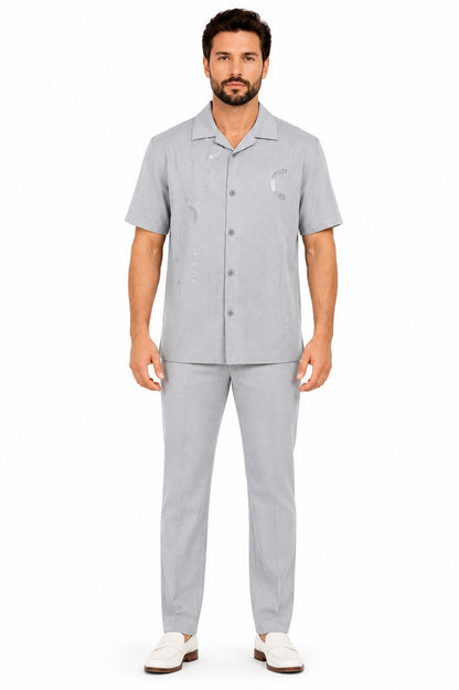 Men’s Light Gray Embroidered Walking Suit Set – 2 Piece Short Sleeve Casual Outfit