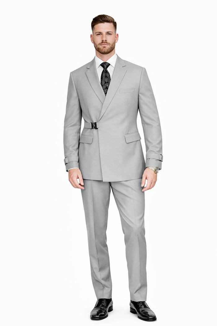 Men’s Light Grey Double Breasted Modern Designer Tailored Fit Wool Suit with Metal Buckle Closure Modern Fit