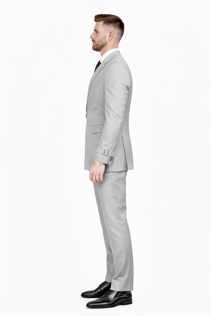 Men’s Light Grey Double Breasted Modern Designer Tailored Fit Wool Suit with Metal Buckle Closure Modern Fit