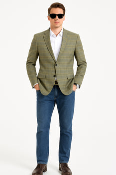 Saco vaquero - Western Sport Coat - Western Blazer - Men's Two Button Regular Fit Windowpane Plaid Sport Coat Blazer In Light Olive Green