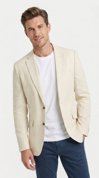 Mens Light Tan Sport Coat – Two-Button Classic Blazer for Business, Wedding & Casual Wear Cream Ivory Linen Fabric