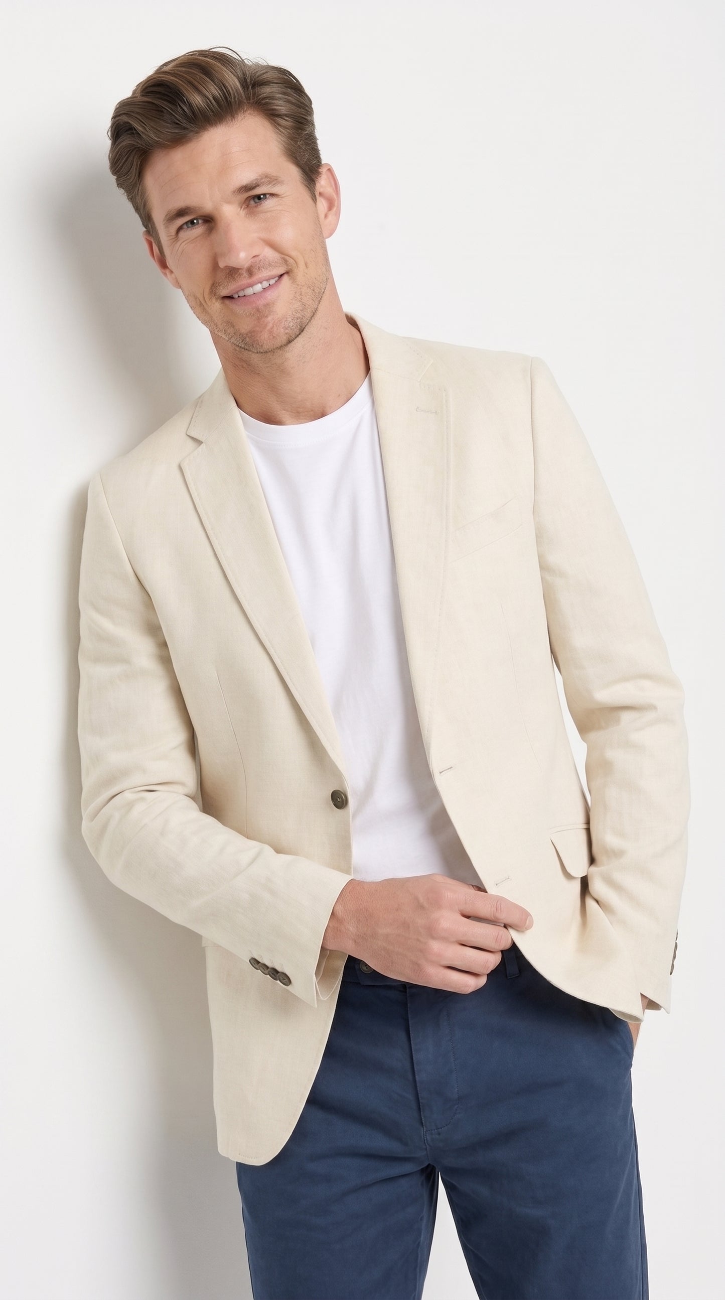Mens Light Tan Sport Coat – Two-Button Classic Blazer for Business, Wedding & Casual Wear Cream Ivory Linen Fabric