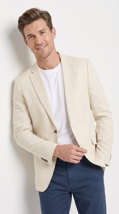 Mens Light Tan Sport Coat – Two-Button Classic Blazer for Business, Wedding & Casual Wear Cream Ivory Linen Fabric
