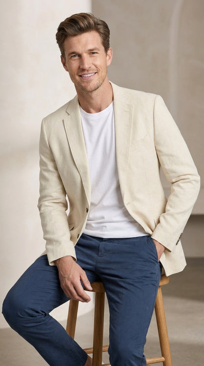 Mens Light Tan Sport Coat – Two-Button Classic Blazer for Business, Wedding & Casual Wear Cream Ivory Linen Fabric