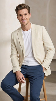 Men's Light Tan Sport Coat – Two-Button Classic Blazer for Business, Wedding & Casual Wear Cream Ivory Linen Fabric