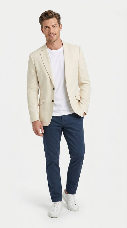 Mens Light Tan Sport Coat – Two-Button Classic Blazer for Business, Wedding & Casual Wear Cream Ivory Linen Fabric