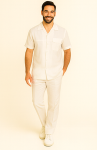 Mens Linen Suit / Cotton French Cuffs 2 Piece Summer Casual Two Piece Mens Walking Outfit For Sale Pant Sets Casual Suit Short Sleeve Shirt + Pants White All White Outfits For Men