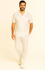 Mens Linen Suit / Cotton French Cuffs 2 Piece Summer Casual Two Piece Mens Walking Outfit For Sale Pant Sets Casual Suit Short Sleeve Shirt + Pants White All White Outfits For Men