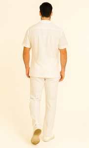 Mens Linen Suit / Cotton French Cuffs 2 Piece Summer Casual Two Piece Mens Walking Outfit For Sale Pant Sets Casual Suit Short Sleeve Shirt + Pants White All White Outfits For Men