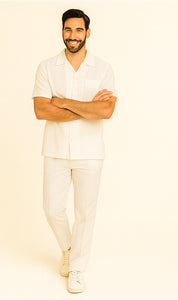 Mens Linen Suit / Cotton French Cuffs 2 Piece Summer Casual Two Piece Mens Walking Outfit For Sale Pant Sets Casual Suit Short Sleeve Shirt + Pants White All White Outfits For Men