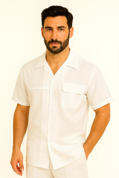 Mens Linen Suit / Cotton French Cuffs 2 Piece Summer Casual Two Piece Mens Walking Outfit For Sale Pant Sets Casual Suit Short Sleeve Shirt + Pants