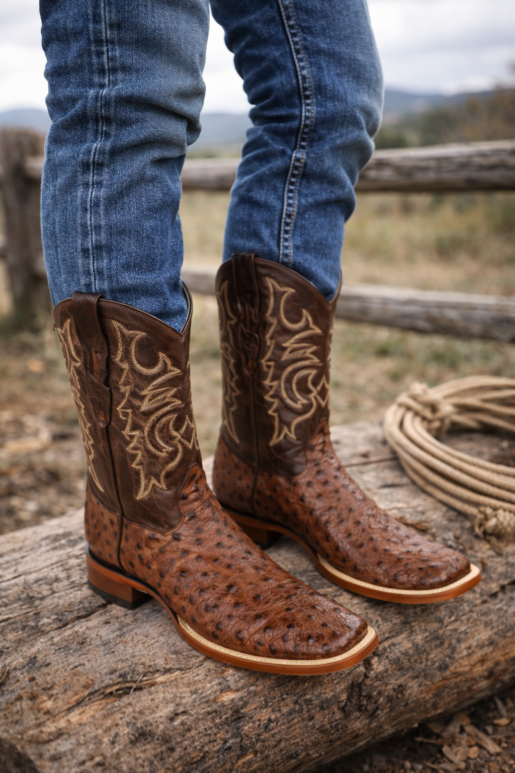 Men's Los Altos Ostrich Skin Wide Square Toe Boots - Kango Brown - Image 8