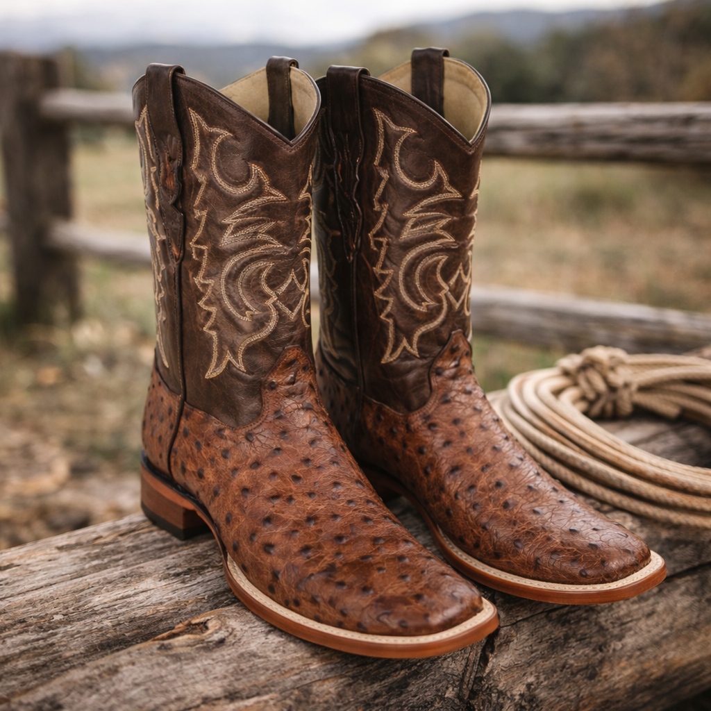 Men's Los Altos Ostrich Skin Wide Square Toe Boots - Kango Brown - Image 5