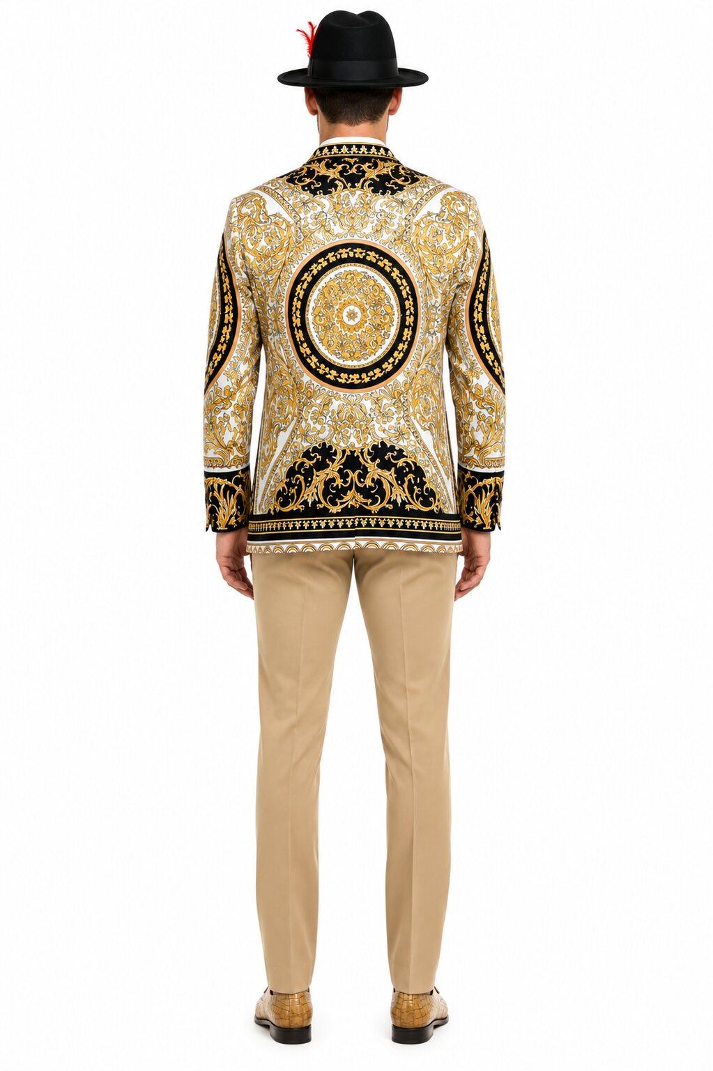 Men’s Black and Gold Baroque Blazer with Matching Pants, Hat, and Shoes – Luxury Party and Wedding Outfit Set