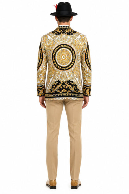 Men’s Black and Gold Baroque Blazer with Matching Pants, Hat, and Shoes – Luxury Party and Wedding Outfit Set