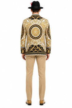 Men’s Black and Gold Baroque Blazer with Matching Pants, Hat, and Shoes – Luxury Party and Wedding Outfit Set