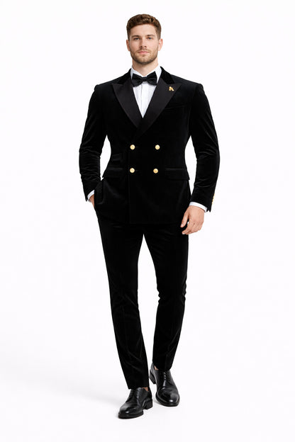 Mens Velvet Suit - Slim Fit Double Breasted Suit Blazer and Pants - Green