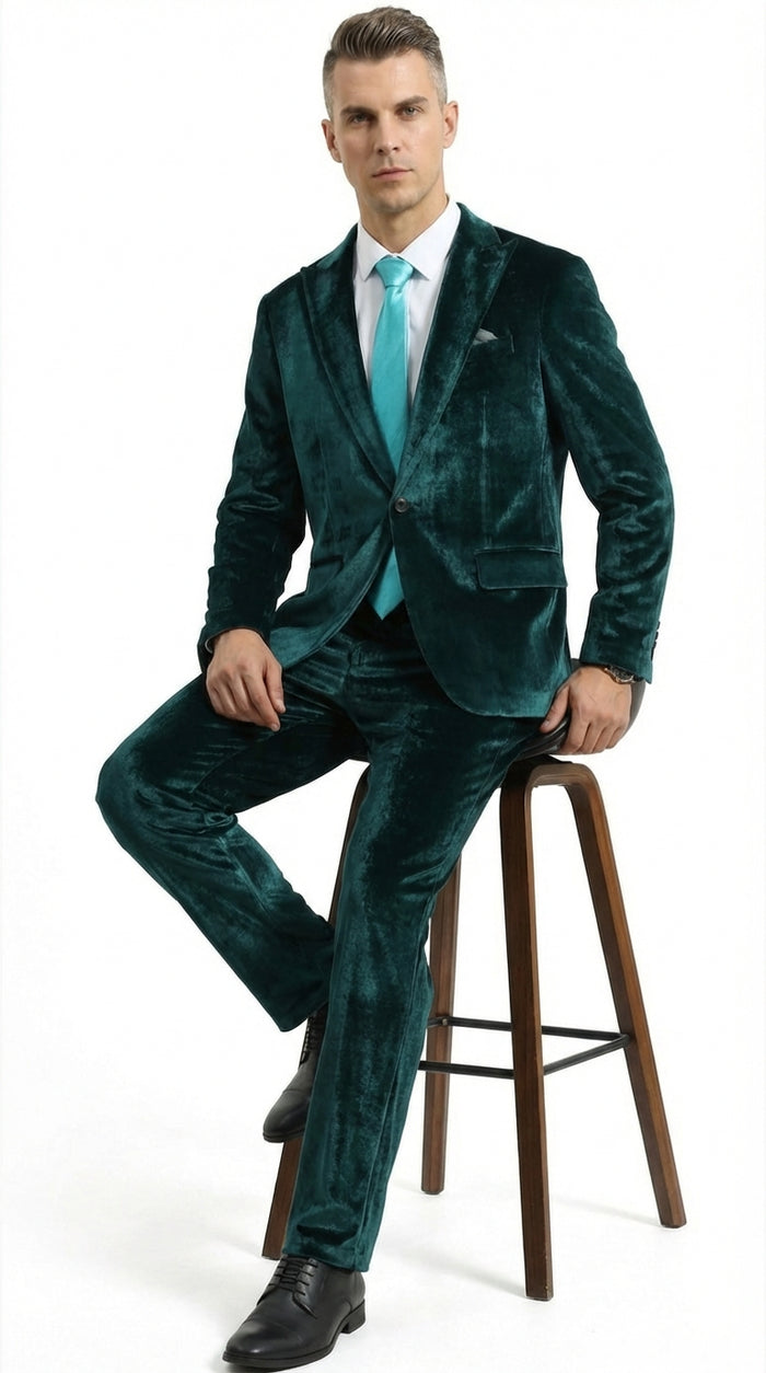 Mens Emerald Green Teal Blue Velvet Suit – Luxury Two Piece Formal Evening Suit Modern Fit