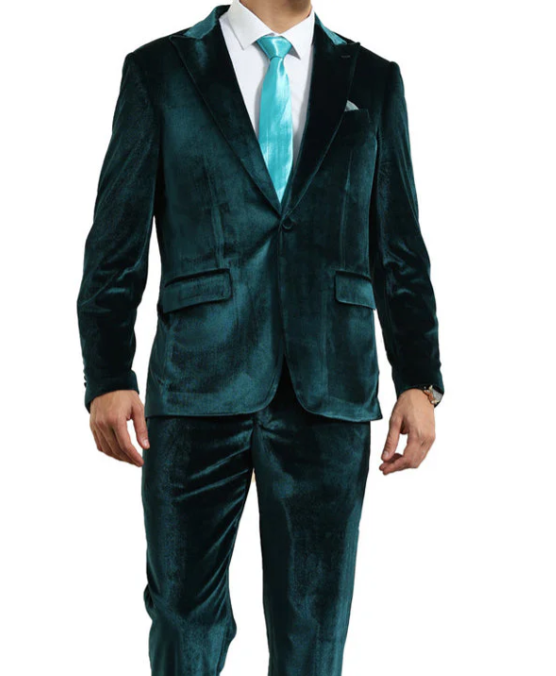 Mens Emerald Green Teal Blue Velvet Suit – Luxury Two Piece Formal Evening Suit Modern Fit
