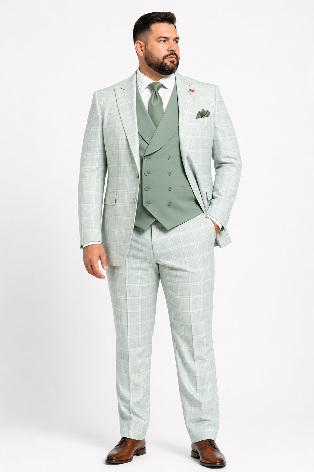 Statement Mens Modern Fit 3 Piece 100% Super 200s Wool Classic Windowpane Suit – Double Breasted Vest