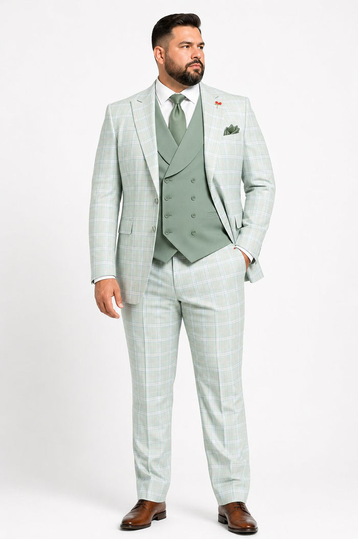Statement Mens Modern Fit 3 Piece 100% Super 200s Wool Classic Windowpane Suit – Double Breasted Vest