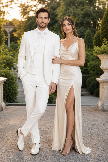 Tiglio Rosso Suit  - Classic Fit Athletic Cut 100% Wool Super 150s Italian Fabric Peak Lapel in Color Off White