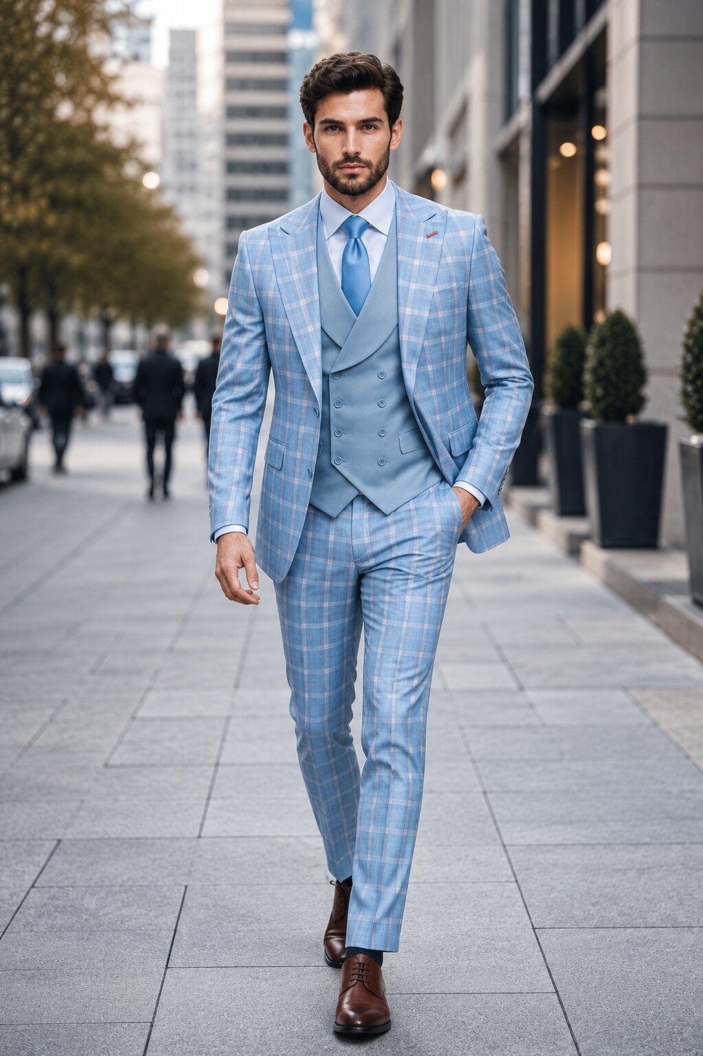 Statement Mens Modern Fit 3 Piece 100% Super 200s Wool Classic Windowpane Suit – Double Breasted Vest