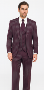 Men's Maroon ~ White Gangster Bold PinStripe Mars Vested 3 Piece Fashion Suit Pleated pant