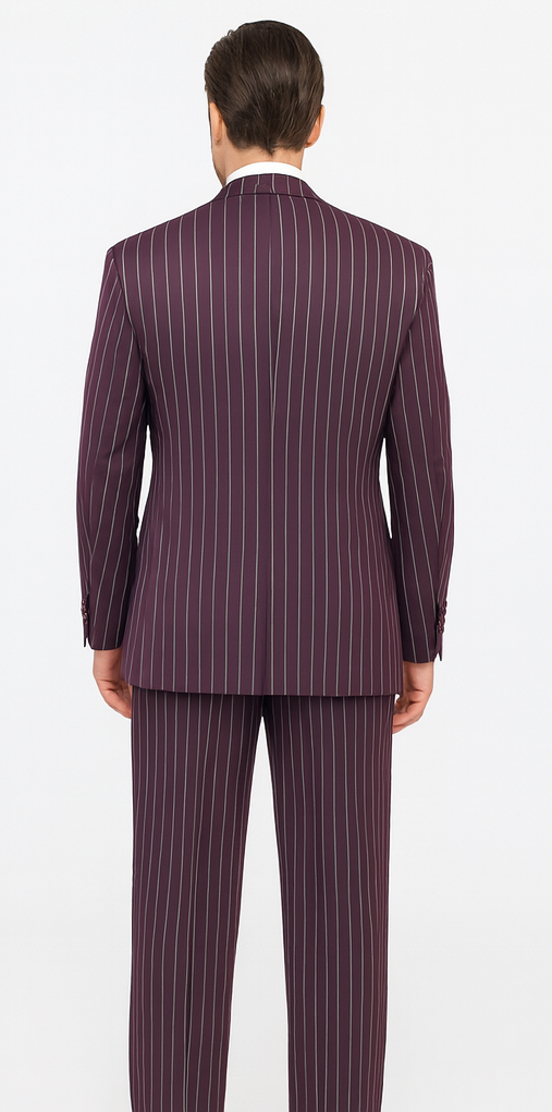 Men's Maroon ~ White Gangster Bold PinStripe Mars Vested 3 Piece Fashion Suit Pleated pant - Image 2