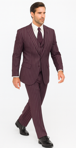 Men's Maroon ~ White Gangster Bold PinStripe Mars Vested 3 Piece Fashion Suit Pleated pant