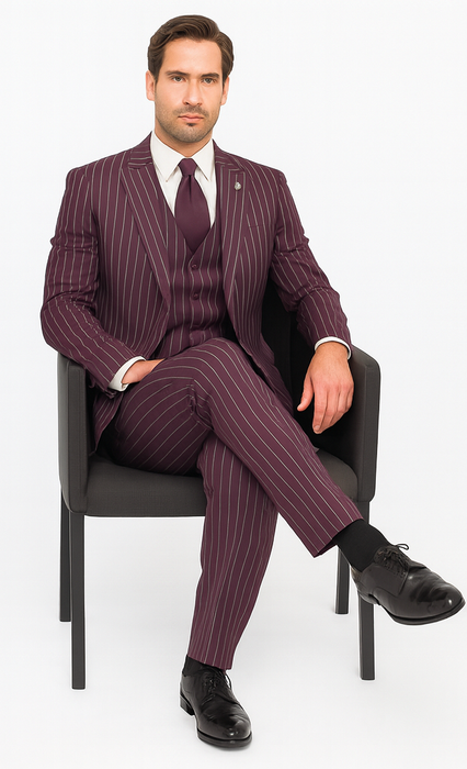 Men's Maroon ~ White Gangster Bold PinStripe Mars Vested 3 Piece Fashion Suit Pleated pant
