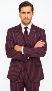 Men's Maroon ~ White Gangster Bold PinStripe Mars Vested 3 Piece Fashion Suit Pleated pant