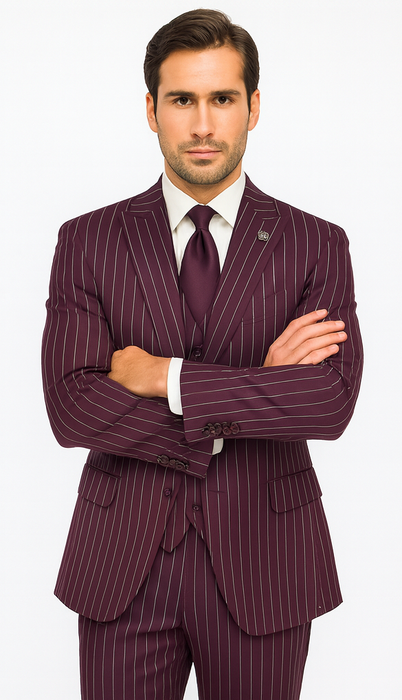 Men's Maroon ~ White Gangster Bold PinStripe Mars Vested 3 Piece Fashion Suit Pleated pant