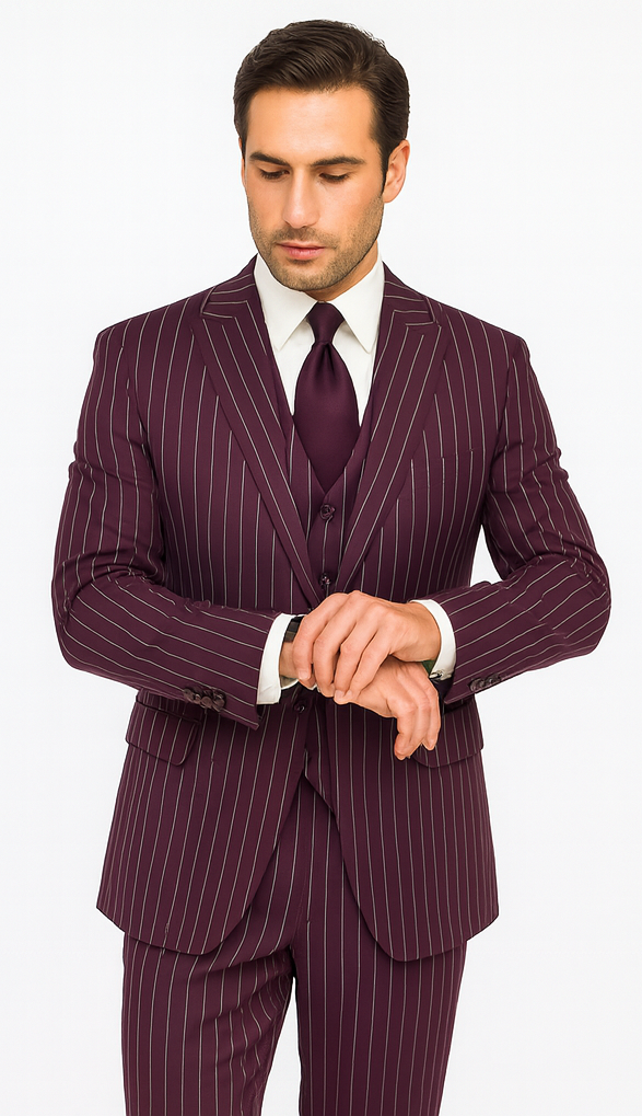 Men's Maroon ~ White Gangster Bold PinStripe Mars Vested 3 Piece Fashion Suit Pleated pant - Image 8