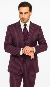 Men's Maroon ~ White Gangster Bold PinStripe Mars Vested 3 Piece Fashion Suit Pleated pant