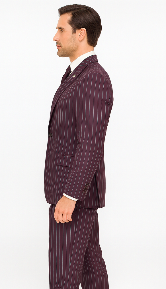 Men's Maroon ~ White Gangster Bold PinStripe Mars Vested 3 Piece Fashion Suit Pleated pant - Image 6