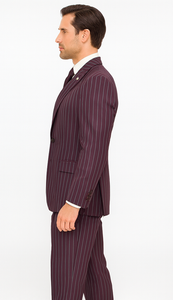 Men's Maroon ~ White Gangster Bold PinStripe Mars Vested 3 Piece Fashion Suit Pleated pant