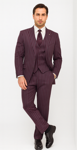 Men's Maroon ~ White Gangster Bold PinStripe Mars Vested 3 Piece Fashion Suit Pleated pant