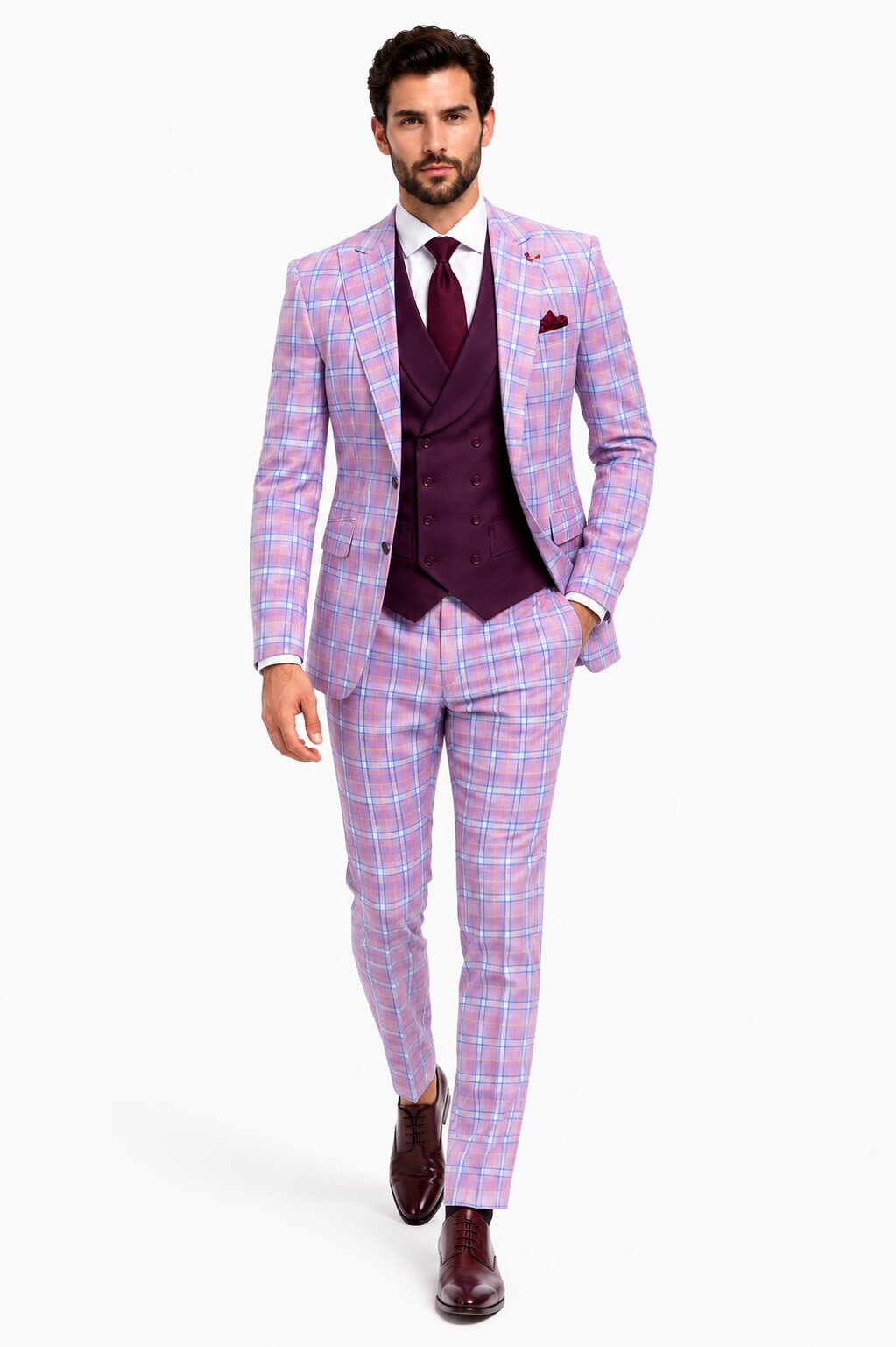 Statement Mens Modern Fit 3 Piece 100% Super 200s Wool Classic Windowpane Suit – Double Breasted Vest