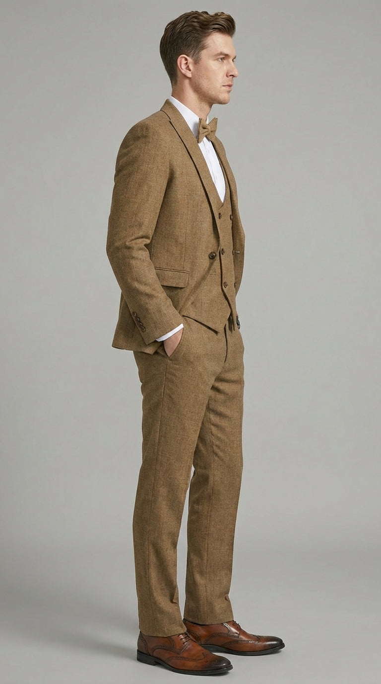 Mens Mocca Brown Taupe textured 1920s Great Gatsby Inspired Suit – Vintage Three Piece Retro Formal Suit Peak Lapel Modern Fit