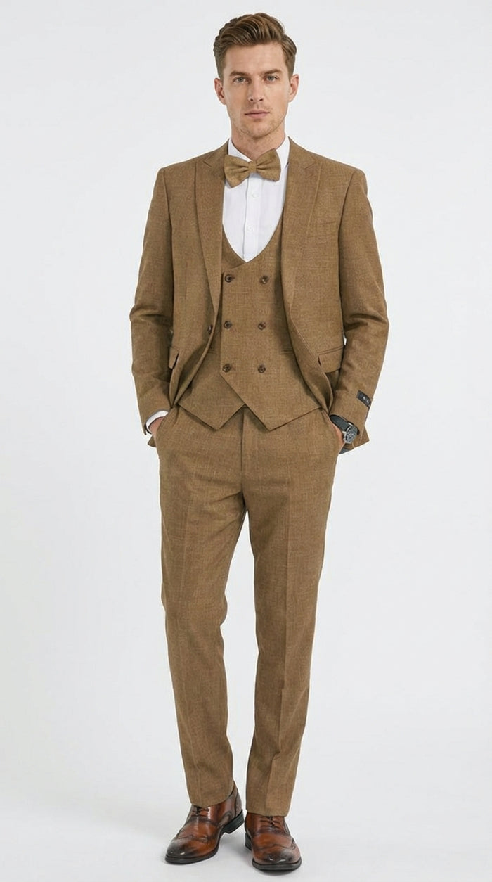 Mens Mocca Brown Taupe textured 1920s Great Gatsby Inspired Suit – Vintage Three Piece Retro Formal Suit Peak Lapel Modern Fit